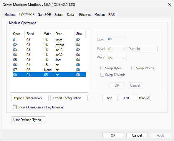 Operations tab