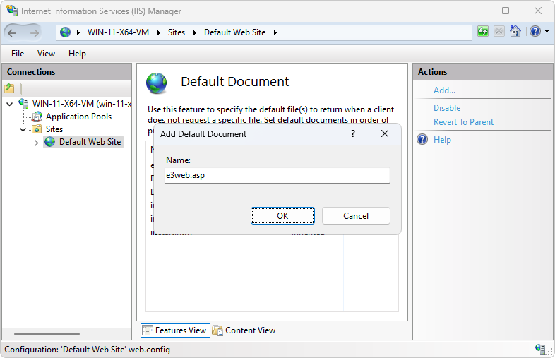 IIS Add Default Document window on Windows 11 IIS Add Default Document window on Windows 11