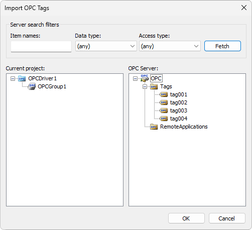 Import OPC Tags window