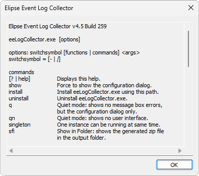 Help window of Elipse Event Log Collector's Command Prompt