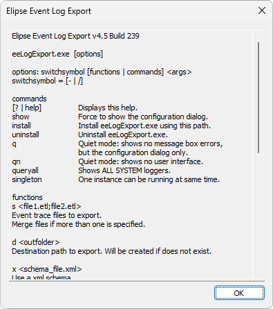 Help window of Elipse Event Log Export's Command Prompt