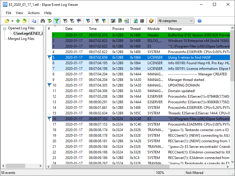 Elipse Event Log Viewer window with bookmarks linked to events