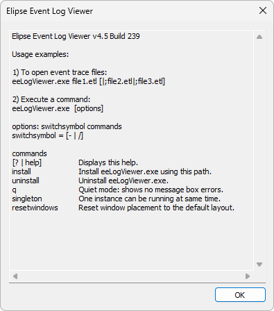 Help window of Elipse Event Log Viewer's Command Prompt