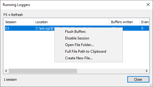 Options for editing a specific event of the active session