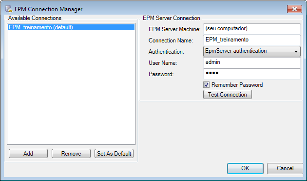 EPM Connection Manager window EPM Connection Manager window