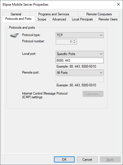 Properties of a rule on Windows Firewall