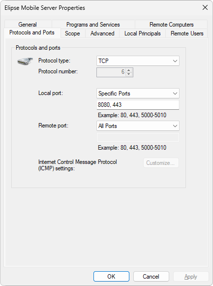 Properties of a rule on Windows Firewall