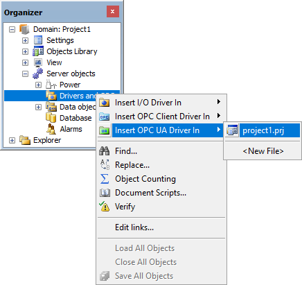 Inserting an OPC UA Driver in Domain mode