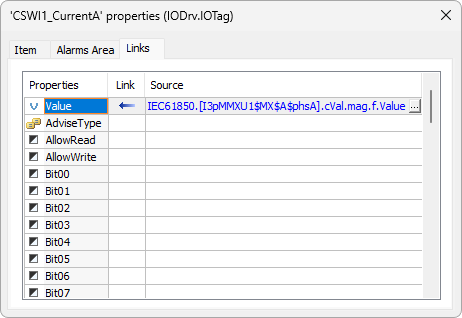 Simple Link in the Value property of Tag CSWI1_CurrentA