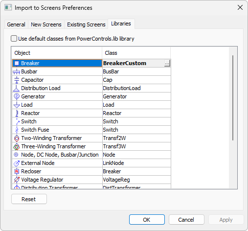 Import to Screens Preferences window