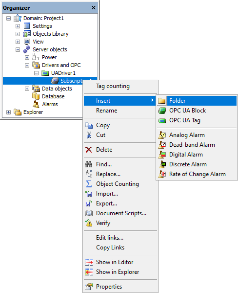 Inserting an OPC UA Folder