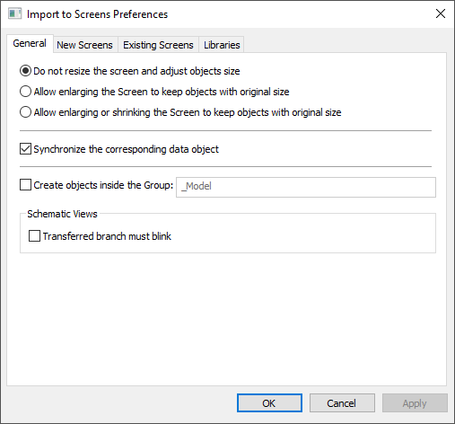 Import to Screens Preferences window Import to Screens Preferences window