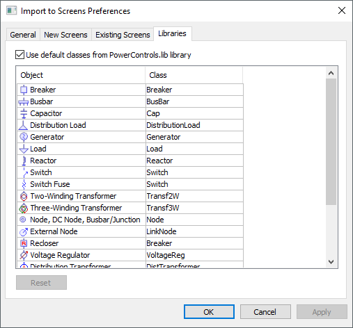 Import to Screens Preferences window