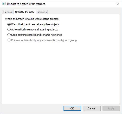 Import to Screens Preferences window Import to Screens Preferences window