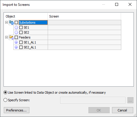 Import to Screens window Import to Screens window