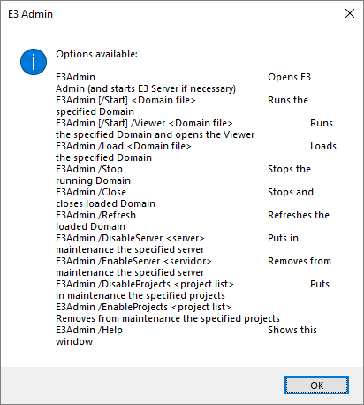 Dialog box with E3 Admin's command prompt options