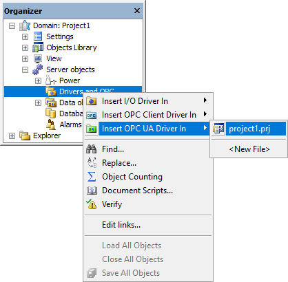 Inserting an OPC UA Driver in Domain mode
