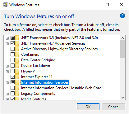 Windows Features window Windows Features window