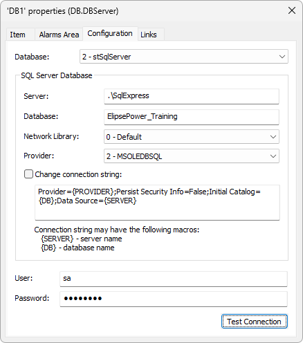 Configuration tab of a Database