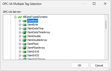 OPC UA Multiple Tag Selection window OPC UA Multiple Tag Selection window