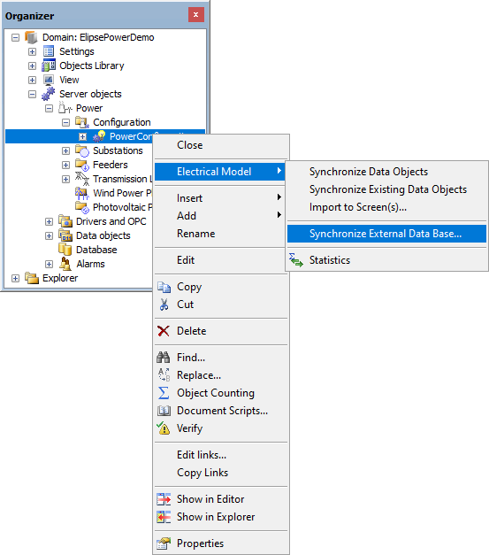 Power Configuration Object > Tools > Synchronize External Database