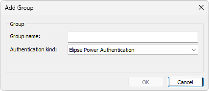 Add Group window with Elipse Power authentication Add Group window with Elipse Power authentication