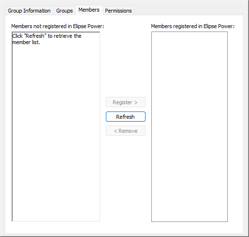 Members tab of a Windows group Members tab of a Windows group