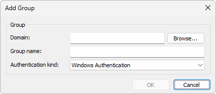 Add Group window with Windows authentication Add Group window with Windows authentication