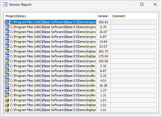 Elipse Power Studio > Toolbars > Version Report