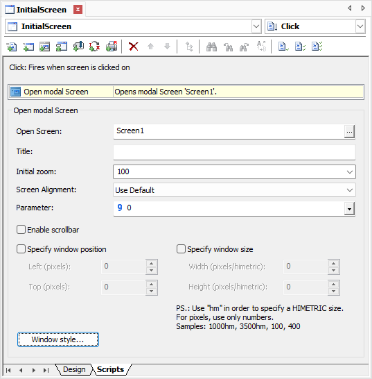 Introduction to Scripts > Defining Scripts > Picks > Open Modal Screen