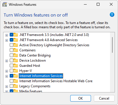 Windows Features window Windows Features window