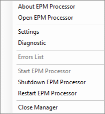 Contextual menu of EPM Processor Manager Contextual menu of EPM Processor Manager