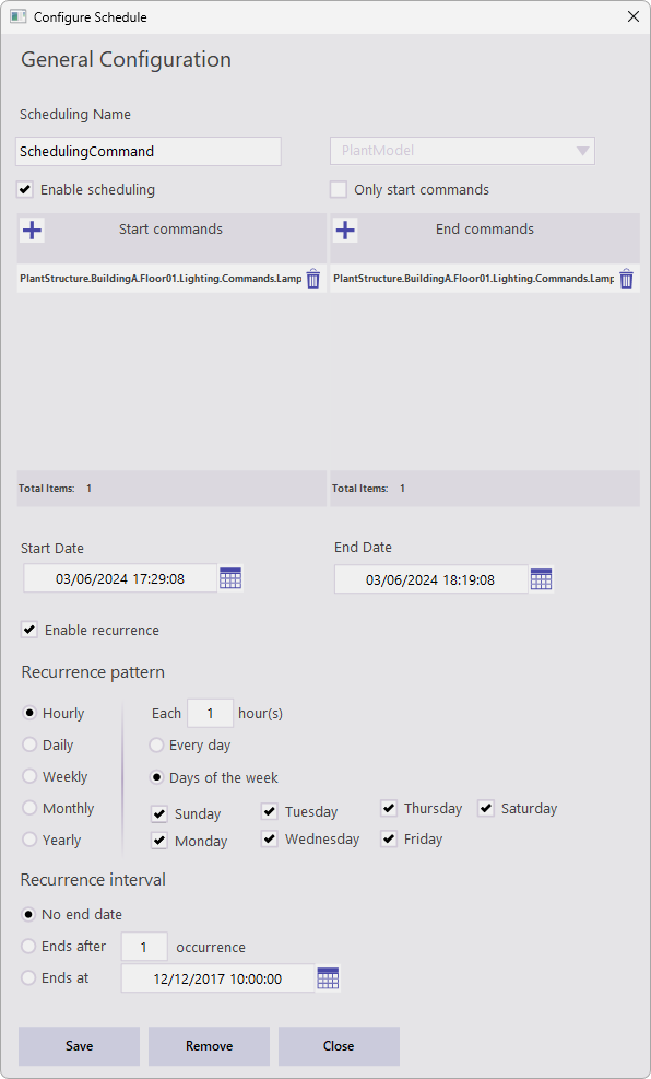 Window to configure a Scheduling item