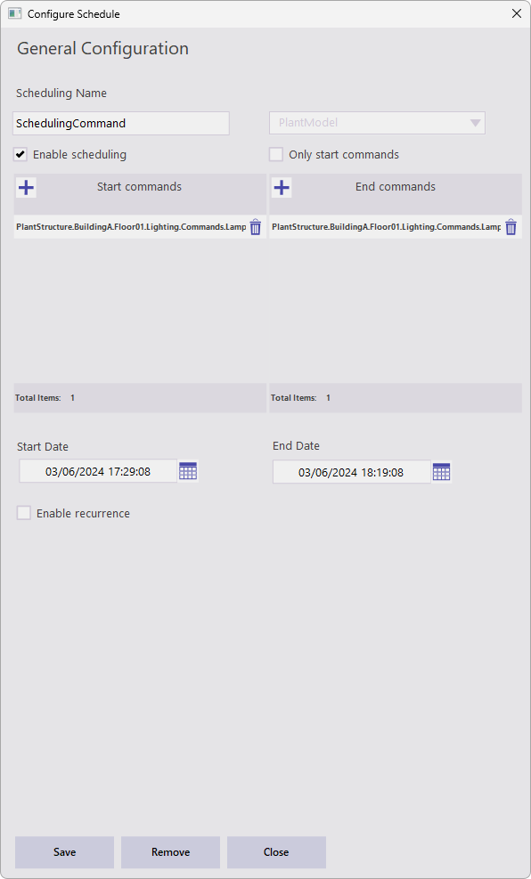 Window to edit a Scheduling item