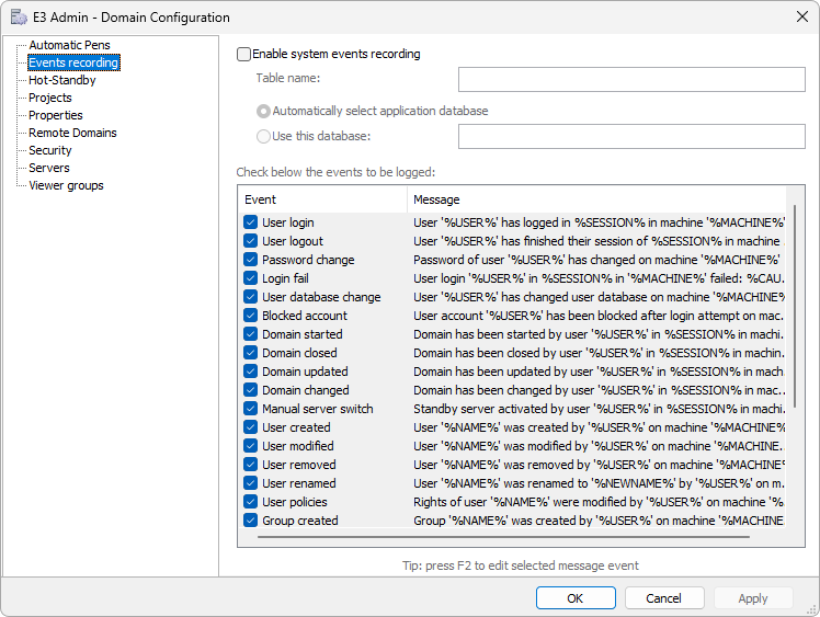 Domains > Configuration > Events Recording Tab