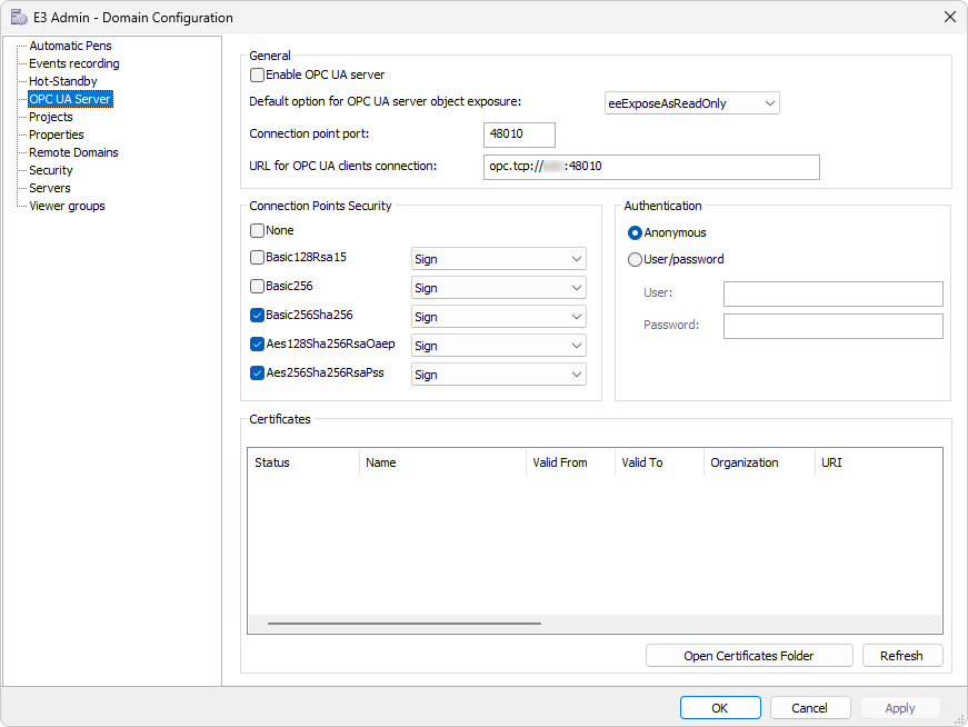 Domains > Configuration > OPC UA Server Tab