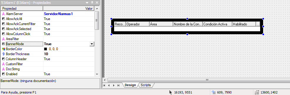 Propiedades BannerMode, BorderThickness y BorderColor del objeto E3Alarm