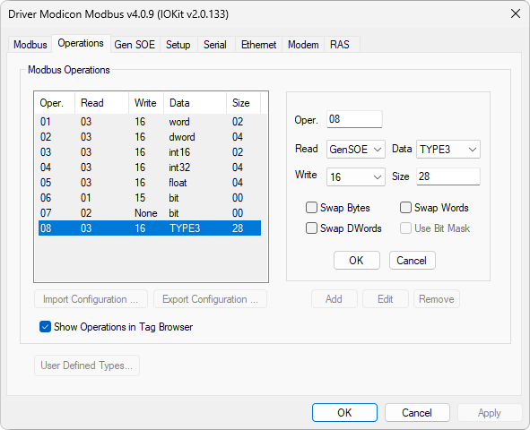 Configuração com a função GenSOE e um tipo de dados definido pelo usuário Configuração com a função GenSOE e um tipo de dados definido pelo usuário
