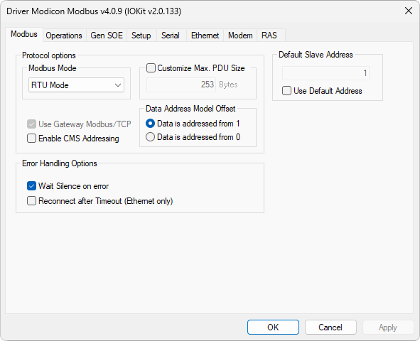 Aba Modbus da janela de configurações deste Driver