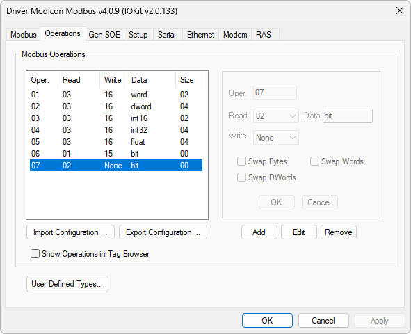 Aba Operations na janela de configurações deste Driver