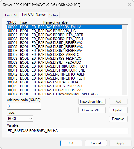 Resultado da importação de um arquivo SYM