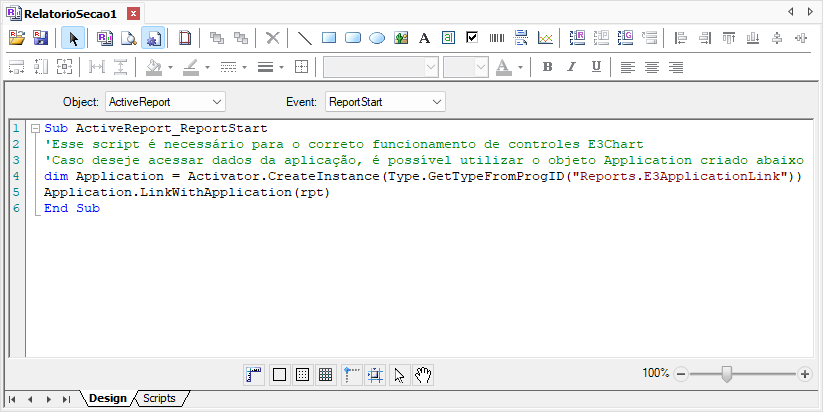 Editor de Scripts de um Relatório de Seção