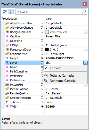 Opções para a propriedade Layer de uma Tela Opções para a propriedade Layer de uma Tela
