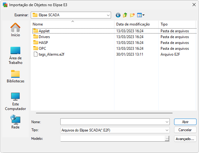 Janela de importação de Tags do Elipse SCADA Janela de importação de Tags do Elipse SCADA