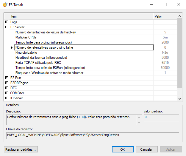 Opção Número de retentativas caso o ping falhe