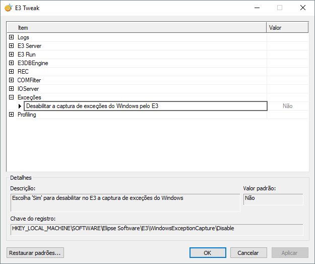 Opção Desabilitar a captura de exceções do Windows pelo E3