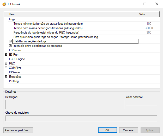 Opções Habilitar as seções de logs