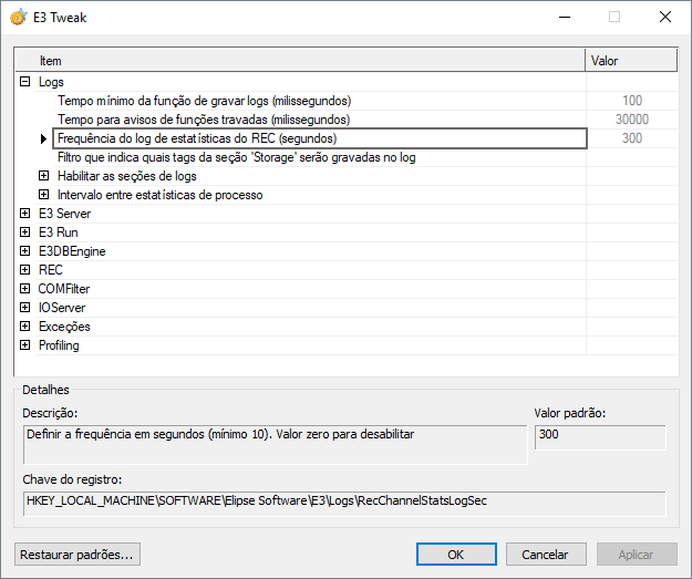 Opção Frequência do log de estatísticas do REC (segundos)