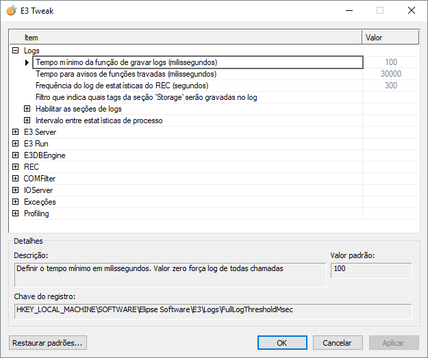 Opção Tempo mínimo da função de gravar logs (milissegundos)