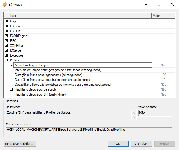 Opção Ativar Profiling de Scripts